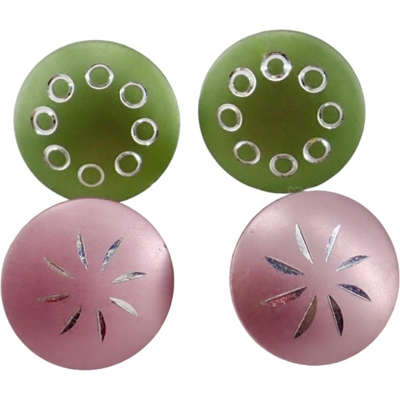 Dainty Round Post StudLaser Cut Out Fashion Earrings Pink & Green .5" Set of 2 - Picture 2 of 6